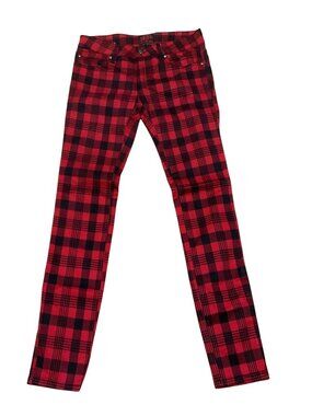 Tripp NYC Red Black Plaid Skinny Pants Sz 5 Cotton Blend Straight Leg Punk Style